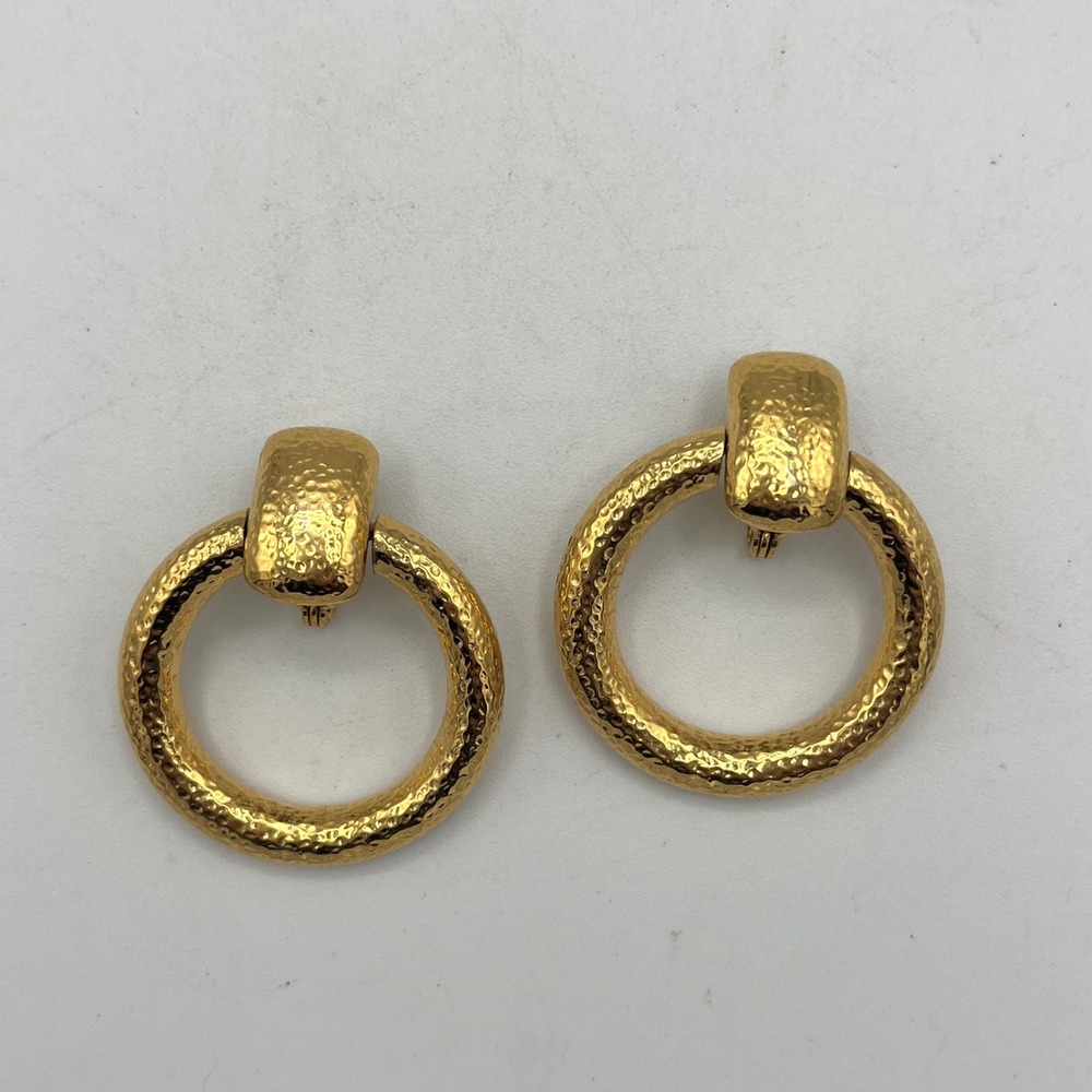 Monet Vintage Gold Tone Hammered Door Knocker Clip On Hoop Earrings